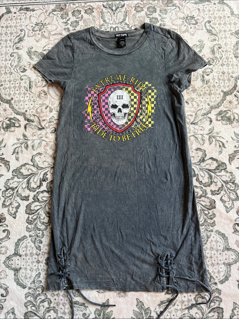 Hot Topic Black Short-Sleeve Skull Graphic Tee Dress with Yellow & Pink Accents